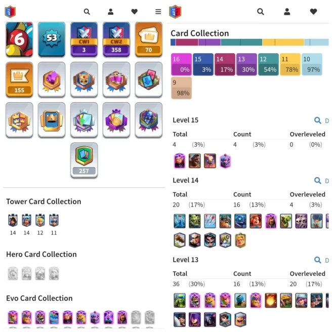 VIP CR LVL 53 | EVO 9 | CARDS LVL15: 4 / LVL14: 20 | EMOTE 70 | KT 14 | TROPHY 10K | NC AVAILABLE | SKIN TOWER 10 | INSTANT DELIVERY