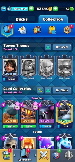 Clashroyall (Android/iOS) KT10 - lvl 27 - Cards91 /120 - Max Card 0 _lvl 11 card 7 /Emote 12 / skin tower 2 /Fast delivery