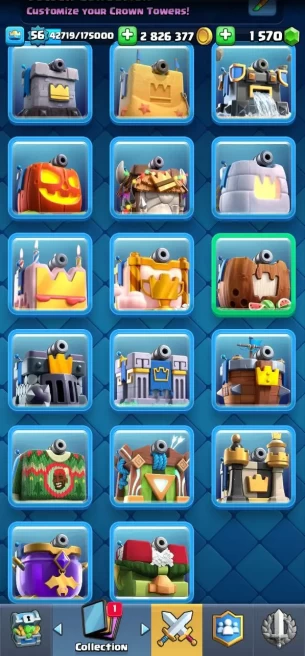 Clashroyall (Android/iOS) KT15 - lvl 56  - Cards110 /120 - Max Card 99 _ elite Card 3 /evo card5 /Emote 112 / skin tower 17 /Fast delivery
