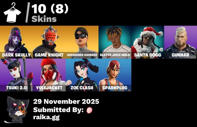 [PC/PSN/XBOX] 10 skins | Dark Skully | Game Knight | Unchained Ramirez | Slayer Juice WRLD | Santa Dogg | Gunnar | Tsuki 2.0 | Yulejacket