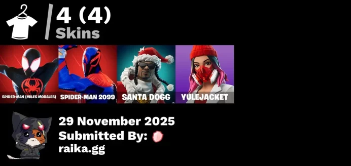 [PC/PSN/XBOX] 4 skins | Spider-Man (Miles Morales) | Spider-Man 2099 | Santa Dogg | Yulejacket | 2099 Web Cape | Spider-Verse Portal
