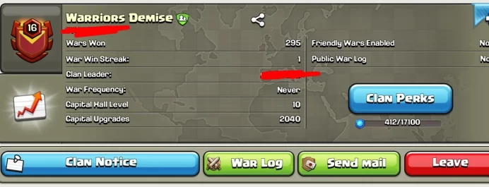 # CAPITAL HALL 10 # | Clan Level 16 | Name: Warriors Demise | Awesome Name | Wins 295 ,Losses 182 | Gold 2