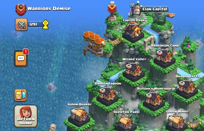 # CAPITAL HALL 10 # | Clan Level 16 | Name: Warriors Demise | Awesome Name | Wins 295 ,Losses 182 | Gold 2
