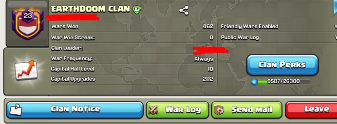 # CAPITAL HALL 10 # | Clan Level 23 | Name: EARTHDOOM CLAN | Good Name | Wins 462 ,Losses 432 | Crystal 3