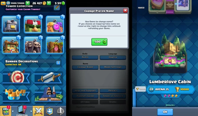 KT 15 | Level 58 |14 Evo Cards |(13 Cards LvL15 || 47 Cards LvL14) | 77 Emotes | 6 Tower Skins| Q643