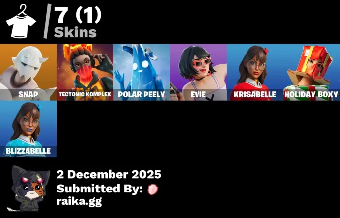 [PC/PSN/XBOX] 7 skins | Snap | Tectonic Komplex | Polar Peely | Evie | Krisabelle | Holiday Boxy | Blizzabelle | Datafiber Chargepack