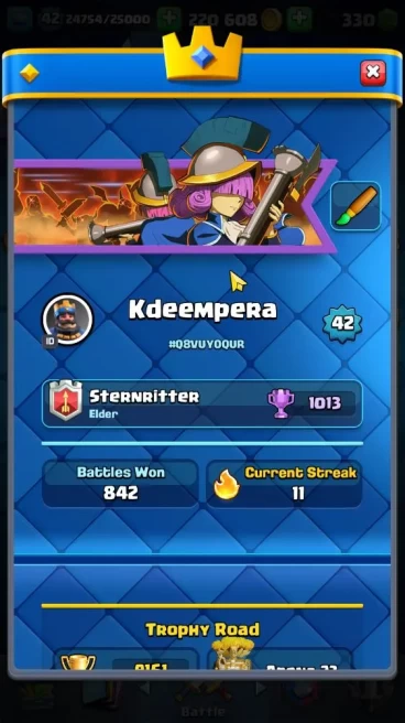 Lvl 42|Trophy 9161|Limited Skin|KTL 14|Card 120|9 EVO,7 Champ,21 Legend,33 Epic,30 Rare,29 Common|Gems 330|TakeEmail(CR929)