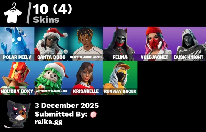 [PC/PSN/XBOX] 10 skins | Polar Peely | Santa Dogg | Slayer Juice WRLD | Felina | Yulejacket | Blitz Knight | Holiday Boxy |