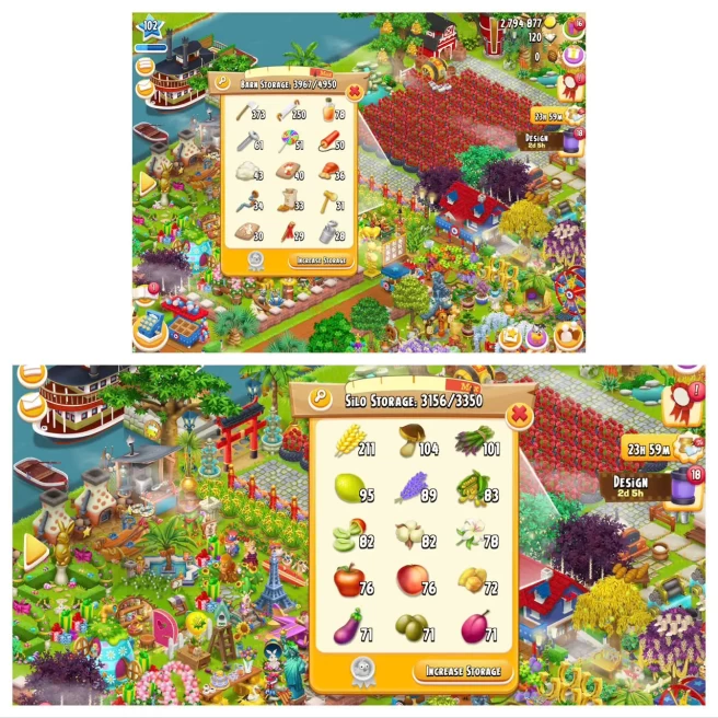 HD49 | Level 102 |  Barn Storage 4900 | Silo Storage 3350  | Coins 2M+ | Diamonds 120 |  Android & iOS -- Instant Delivery.