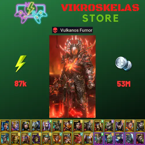 Starter acc with Vulkanos : 87k energy / 53 mln coins / Septimus, Lord Shazar, Arix, Ninja + 18 Login Legendaries / Demytha, Madame Serris