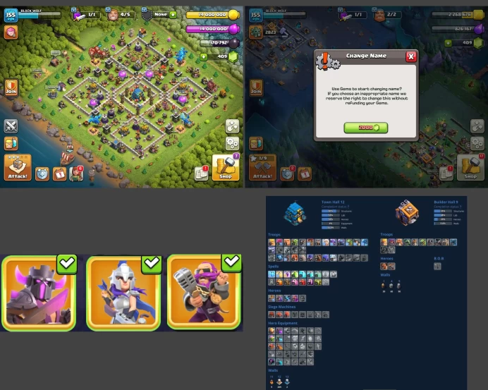 ■TH:12 (+60%) ■Heroes: K49 Q57 P30 W25 ■Skins:3 ■BH:9 ■Full Access ■Instant Delivery ■A7142