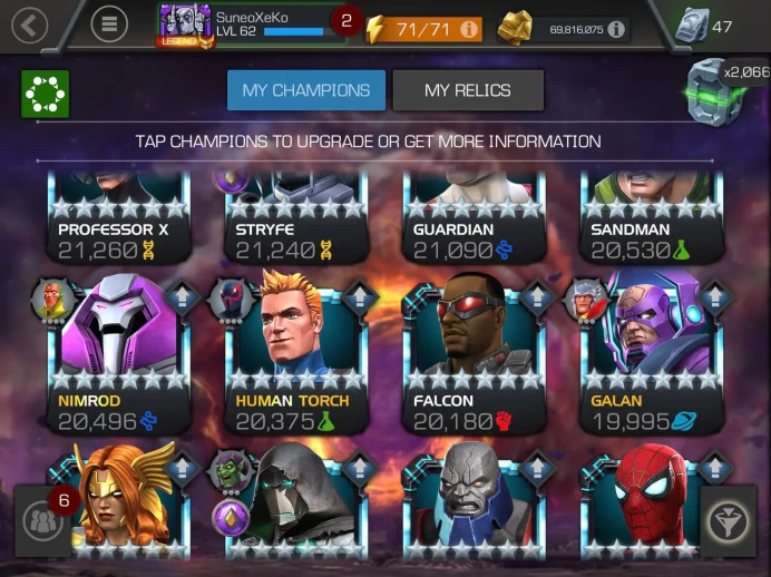 **SALE OFF 750$ to 600$ ** - MCOC334 Lv 62 - Rank Valiant - RACTING 5M5- ACTIVE BOOSTS 1-9 - 1.303 Heros - 115 Champ 7* - 66 R6