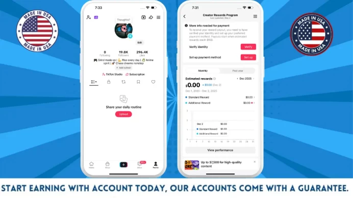 100% Monetized USA Account Creator Rewards Program Active | 19k Real Followers & 296k Likes | Real Screenshots + Full Access + Good Standing