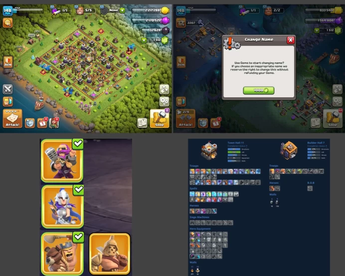 ■TH:11 (+80%) ■Heroes: K45 Q44 P20 W20 ■Skins:4 ■Gems:1398 ■SW:1153 ■BH:6 ■Full Access ■Instant Delivery ■A7145