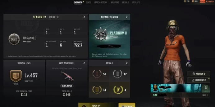 PBG9 Progressive Beryl Gear Lv10, Mini14 Lv5, SLR Gear Lv3, Dragunov Lv1, M416 Pumpkin Lv1, McLaren Sports Car 