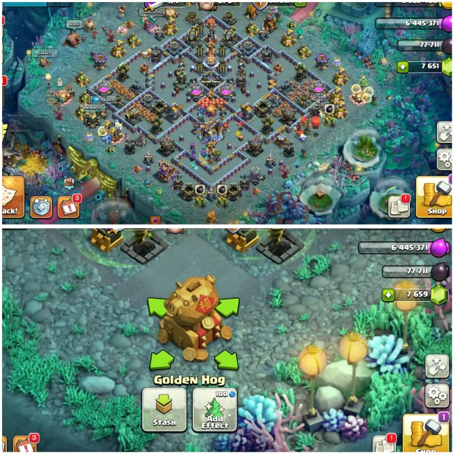 [Golden Hog Statue]||Th18 Rare Account||2040 Cwl Medals||Full Magic Items||Dragon Scenary Skin||7.7k Gems||Exp:251