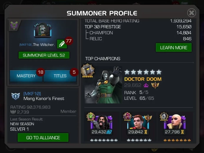 MCOC335 Lv 52 - Paragon - RACTING 1M9- ACTIVE BOOSTS  1-8 - 681 Heros - 23 7* - 3 R6 - 6 R5 - 48 R3 - 152 6*- 161 *5 - 120 *4 - BATTLE CHIPS 53K