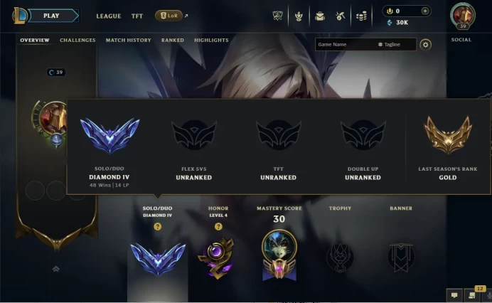 EUW / S15 DIAMOND IV / 30K BE / 65% WR / 55 CHAMPS / 3 SKINS / 44W/24L / HONOR 4 / CHANGEABLE EMAIL / 5 MIN. 24/7 DELIVERY #L1/97025AR4
