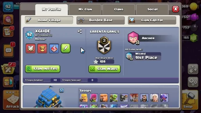 TH 12 - BH 9|LV 92|Limited Skin Hero Scenery|HH 6|BK 42,AQ 44,GW 26,MP 12,RC 0|Gems 165|CN ON|Protect OFF|TAKE MAIL(COC1722)