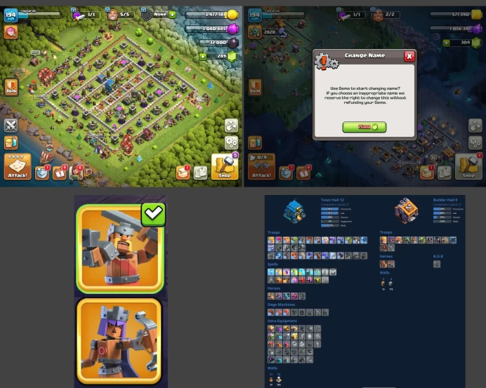 ■TH:12 (+75%) ■Heroes: K48 Q56 P30 W33 ■Skins:2 ■BH:9 ■Full Access ■Instant Delivery ■A180
