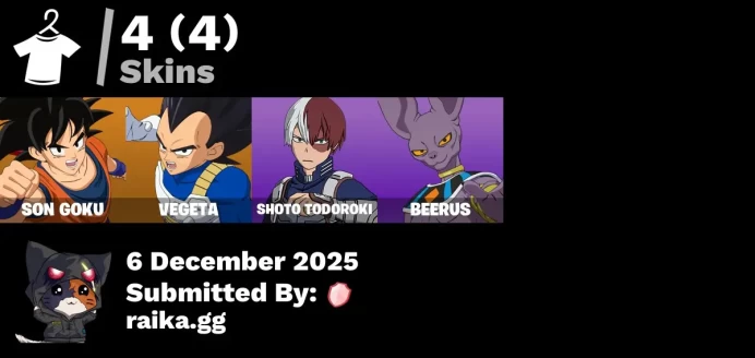 [PC/PSN/XBOX] 4 skins | Son Goku | Vegeta | Shoto Todoroki | Beerus | Peelverine Plush | Power Pole (Nyoibo) | Cold Heat Wings