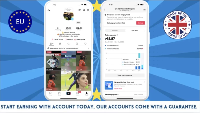 100% Monetized UK Account Creator Rewards Program Active | 61k Real Followers & 642k Likes | Real Screenshots + Full Access + Good Standing