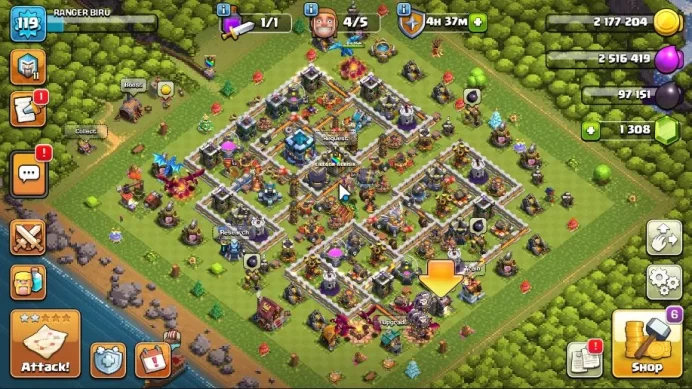 TH 13 - BH 6|LV 119|Limited Skin Hero|HH 7|BK 43,AQ 58,GW 24,MP 30,RC 3|Gems 1308|CN OFF|Protect OFF|TAKE MAIL(COC1734)