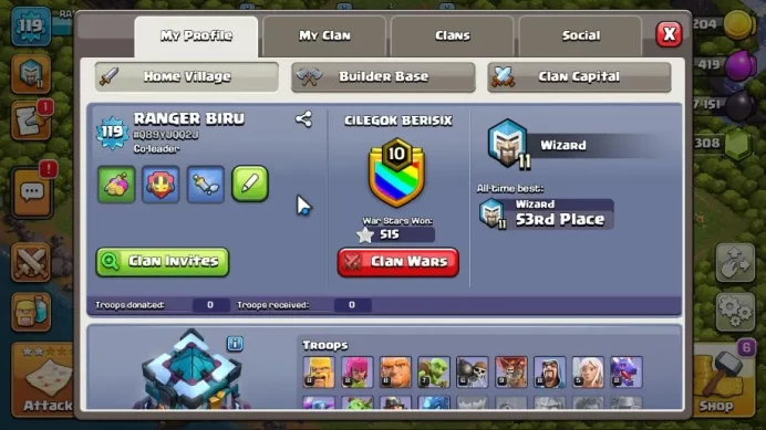 TH 13 - BH 6|LV 119|Limited Skin Hero|HH 7|BK 43,AQ 58,GW 24,MP 30,RC 3|Gems 1308|CN OFF|Protect OFF|TAKE MAIL(COC1734)