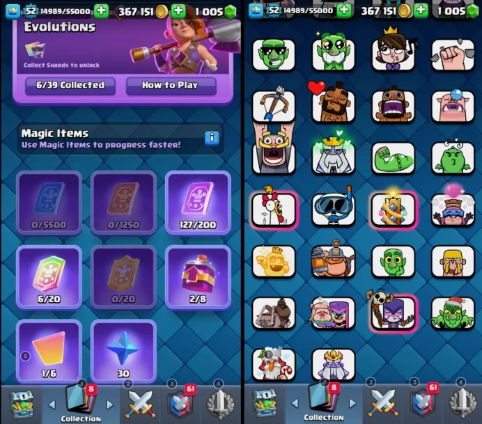 52 lvl/12000+ Trophy/TK 14/All Card/MAX Card 1/15lvl card 2/6 Evolved/38 Emote/2 Skin/8 Years old/	mssh1335