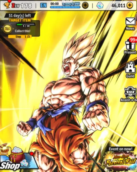 LVL178. 46000CRYSTALS+ 10star ul super saiyan goku yellow+8star beast gohan+10star vegito+10star gogeta + 23LF