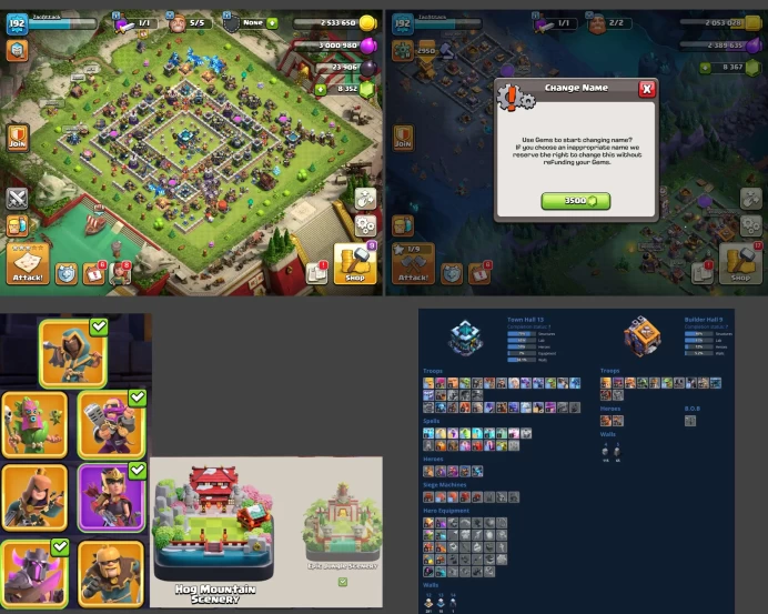 ■TH:13 (+60%) ■Heroes: K53 Q72 P40 W29 C17 ■Skins:9 ■Gems:8k ■BH:9 ■Full Access ■Instant Delivery ■A402