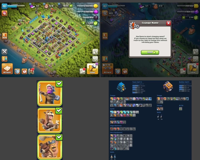 ■TH:12 (+60%) ■Heroes: K47 Q50 P30 W24 ■Skins:3 ■Gems:3k ■BH:9 ■Full Access ■Instant Delivery ■A427