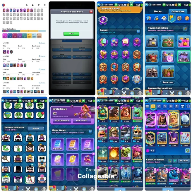 KT 15 - LvL 50 - 3x(15) - 10x(14) - 9 Evo Cards - 7 Tower Skins - 53 Emotes - Nc Free -Code241