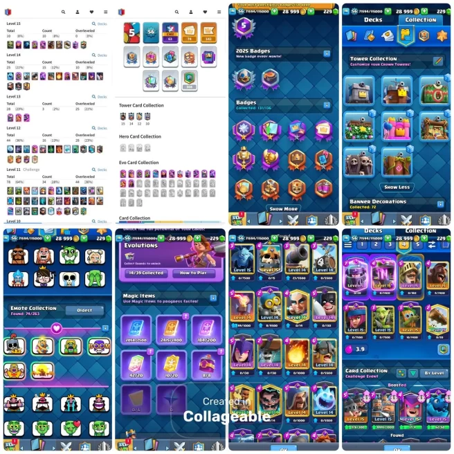 KT 16 - LvL 56 - 10x(15) - 25x(14) - 14 Evo Cards - Magic Items Full - 74 Emotes - 7 Tower Skins - Nc 500 Gems -Code243