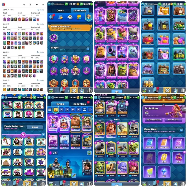 KT 16 - LvL 73 - 10x(16) - 49x(15)-91x(14) - 22 Evo - 10K Gems-Very Rare Emotes - 15 Tower Skins - 2v2 ‘ Retro Rank- 25x Classic-Code134
