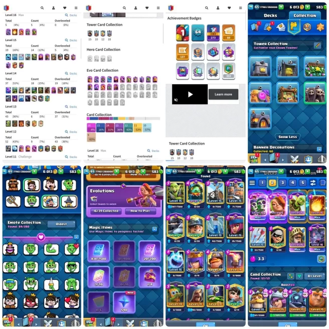 KT 16 - LvL 65 - 5x(16) - 19x(15) - 37x(14) -16 Evo - 89 Emotes - 6 Tower Skins - Megabait Deck Max - Nc 1K -Code178
