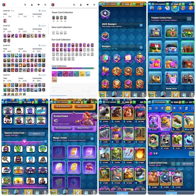 KT 16 - LvL 61 - 1x(16) - 14x(15) - 58x(14) -19 Evo - 128 Emotes - 11 Tower Skins - Logbait’Hog Deck - Nc 1K -Code201