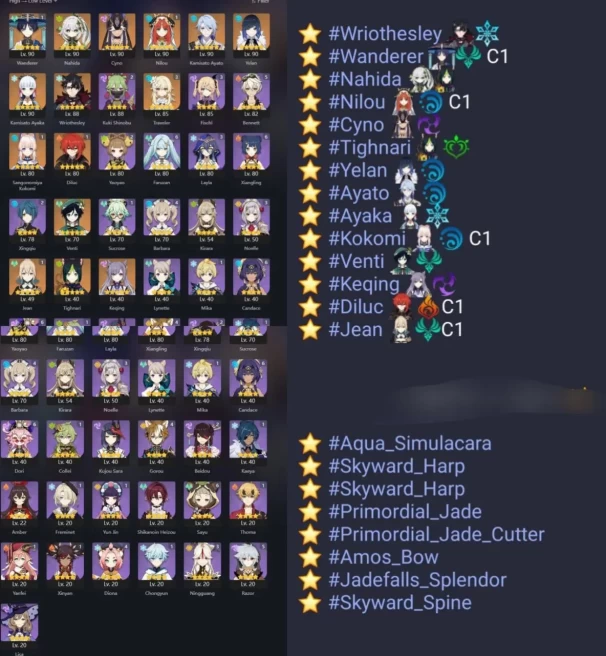 All Platform - EU - AR57 - 49 Charcter 15 5'Star - 8 Weapons 5'Star - Primogems 8 - ,Yelan,Wriothesley,Nahida - Code797