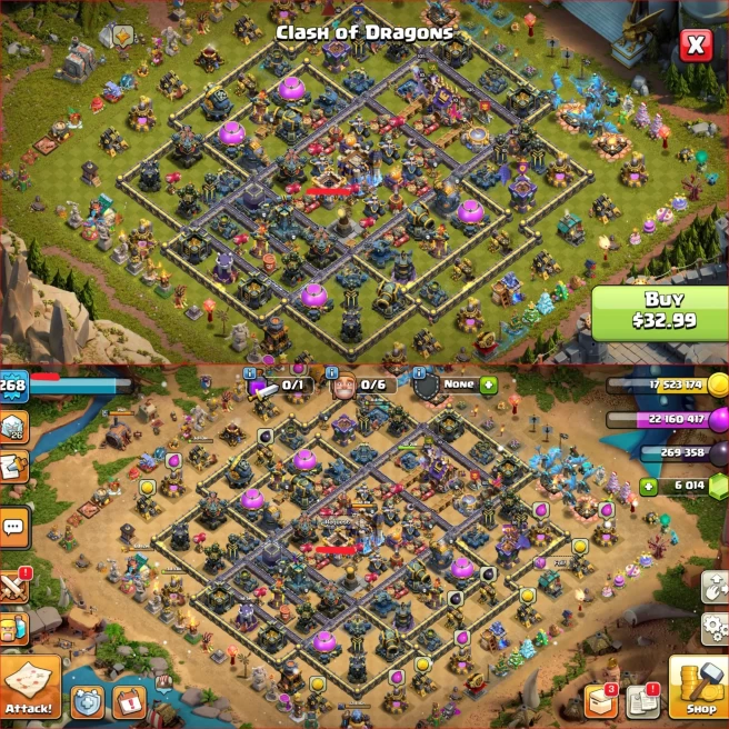 Th18, Xp 268, All 5 Heroes Max { 7 Rare Epic Max } Nc Free, 6000 Gem, 3450 WAR STAT, 21k legend Trophy, 25 Skin Hero, 125 Wall Max, Android iOS