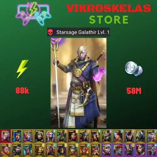 Starter with Mythical - Galathir : 88k energy / 58 mln coins / Razelvarg, Minaya, Arix, Ninja + 18 Login Legendaries / Deacon