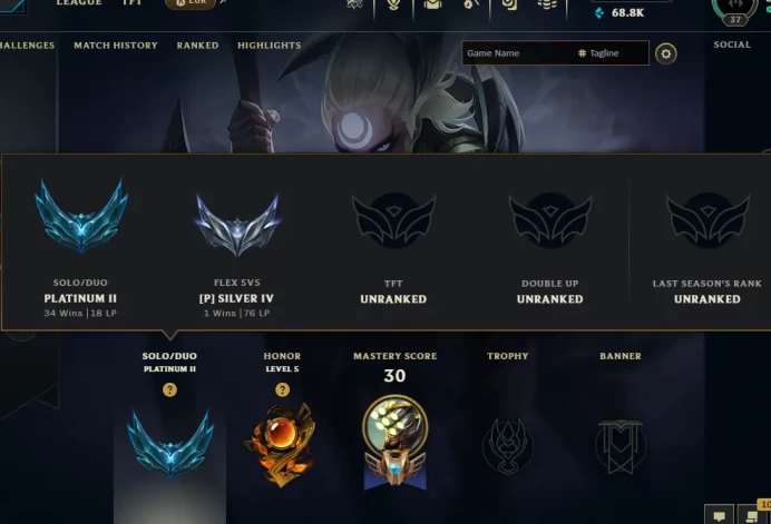 EUW ⸱ PLATINUM II ⸱ 38LP GAIN ⸱ HONOR 5 ⸱ 68800BE ⸱ %58WR ⸱ SHAN HAI SCROLLS BARD ⸱ 6 SKIN ⸱ HIGH MMR ⸱ FULL ACCESS ⸱ 1649