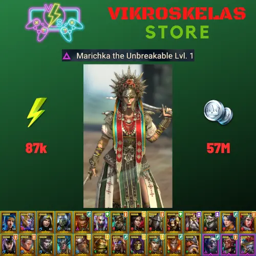 Starter acc with Marichka : 87k energy / 57 mln coins / Minaya, Abbess, War Mother, Boragar, Arix, Ninja + 18 Login Legendaries