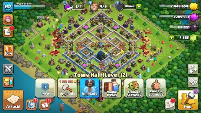 TH 12 - BH 8|LV 157|HH 6|BK 61,AQ 65,GW 40,MP 35,RC 0|Gems 7895|CN OFF|Protect OFF|TAKE MAIL(COC1740)