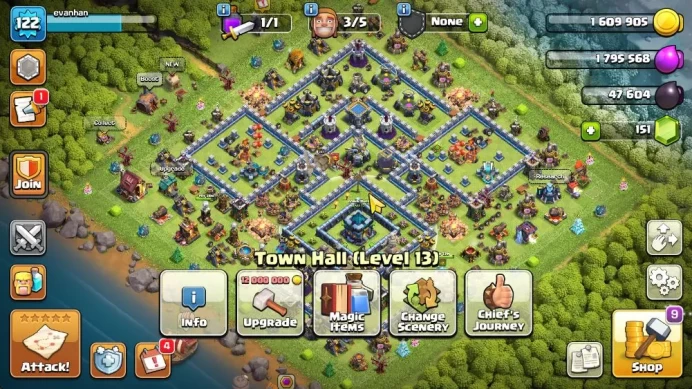 TH 13 - BH 8|LV 122|Limited Skin Hero|HH 6|BK 50,AQ 55,GW 25,MP 35,RC 0|Gems 151|CN ON|Protect OFF|TAKE MAIL(COC1742)