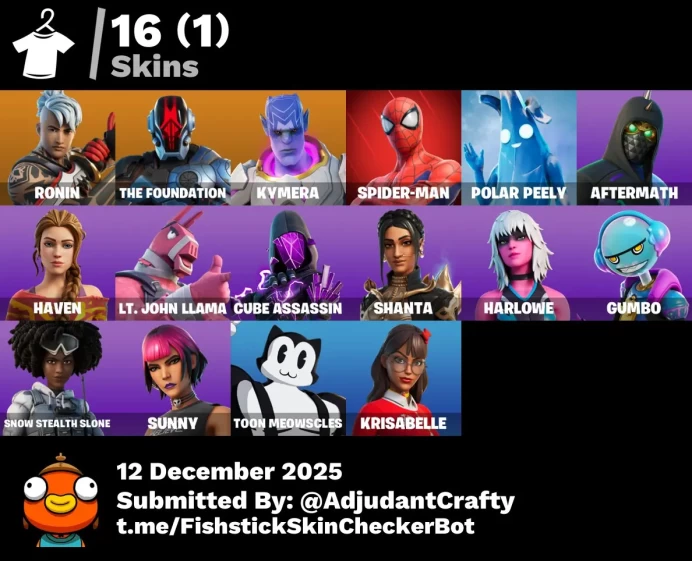[Code 5206] [PC] 16 skins | Ronin | The Foundation | Kymera | Spider-Man | Polar Peely | Gumbo | Snow Stealth Slone | Haven | Cube Assassin | Su