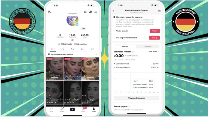 100% Monetized Germany Account Creator Rewards Program Active | 10k Real Followers & 268k Likes | Real Screenshots + Full Access + Good Standing