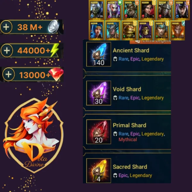 Shard \ Shards  20 Primal + 4 Sacred + 30 Void +  138 Ancient + Legendary + Rubin + 13000 + Silver 38 Million + 44000 + energy + TOMS