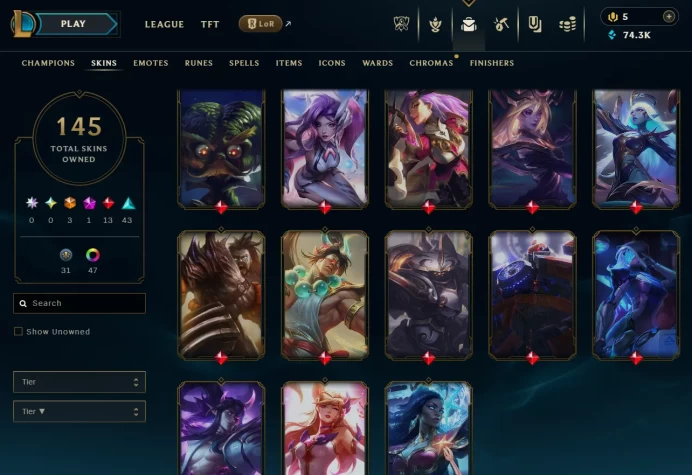 [EUW] Season 15 | Emerald 3 %60 WR | 523 Level | 145 Skins | 74.3K BE | Honor 4 | Full Champ | CHANGEABLE E-MAIL Wins: 42 Losses: 29