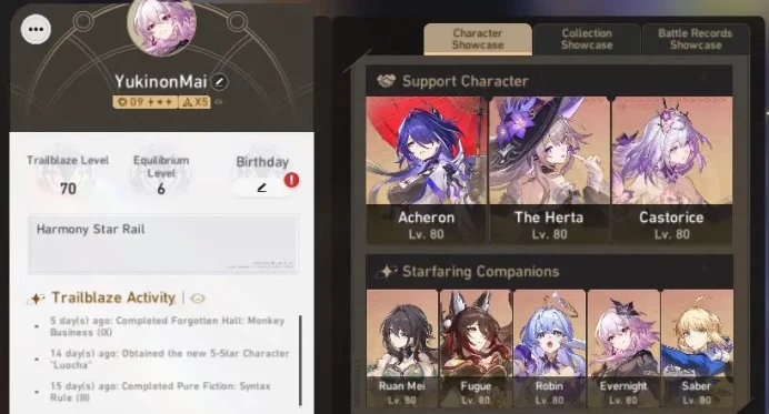 ASIA|TL 70|21 Limited |Acheron+Sign,3BE1,Evernight,Castorice,BlackSwanE1,Robin,Etc|MC Male|Amphoreus|Take Mail|Check SS(HSR4684)