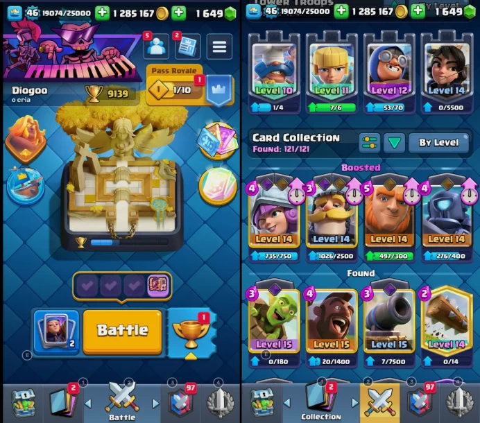 46 lvl/9000+ Trophy/TK 14/All Card/15lvl card 3/14lvl card 2/5 Evolved/34 Emote/3 Skin/3 Years old/	Zka1394